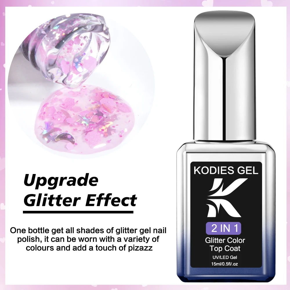 KODIES GEL Glitter Top Coat Gel Nail Polish 2 In 1 Semi Permanent  UV Stars Moon Halo Top Coat No Wipe Manicure Nail Art Sealer