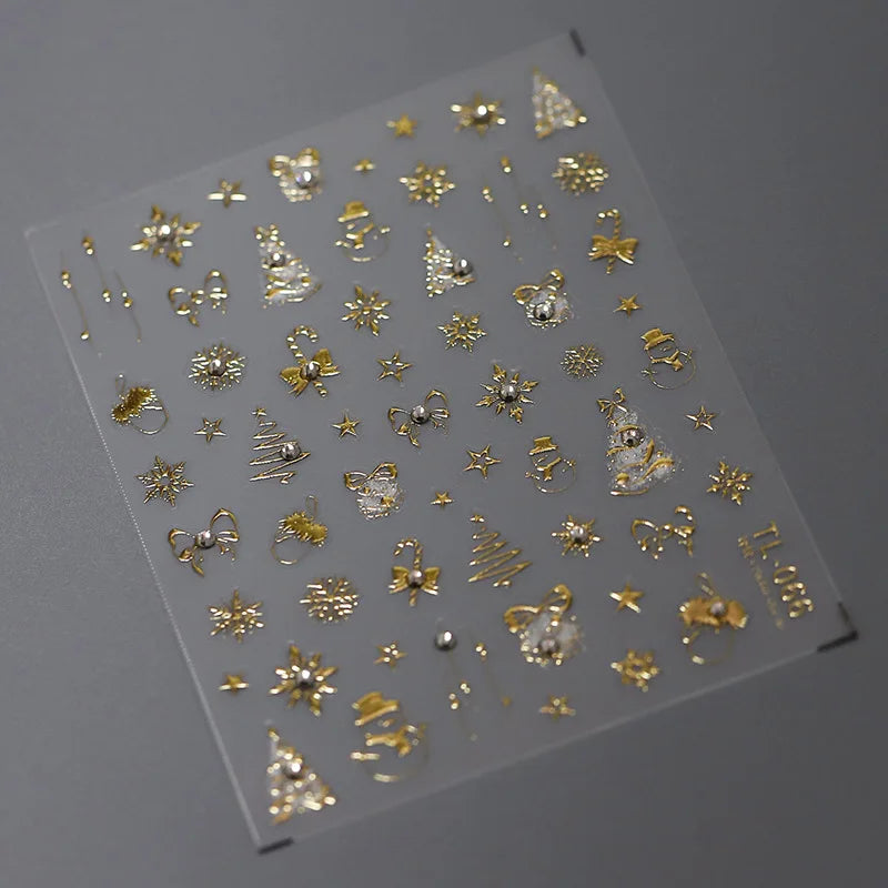 Gold Snowflake Bowknot Snowman Lovely Christmas 3D Self Adhesive Nail Art Sticker Rhinestone 5D Embossed Reliefs Manicure Decals