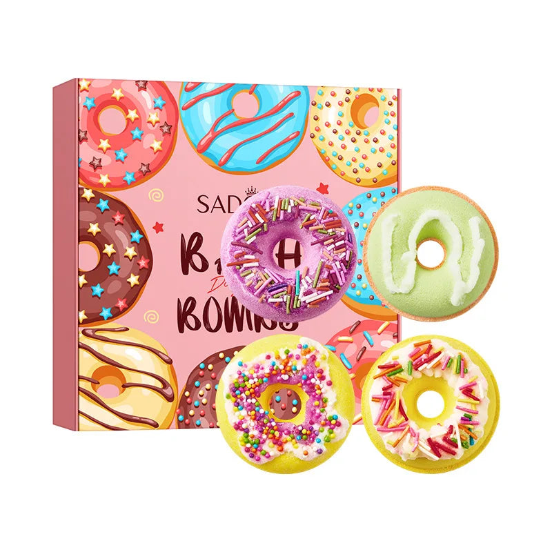 Donut Bath Bombs Set – 4pc Fizzy Bath Salts with Sea Salt & Shea Butter, Handmade Colorful Soak for Relaxing Bath Time