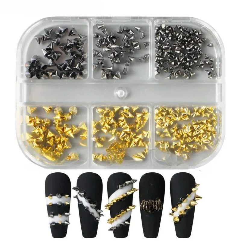 6 Grids Y2K Punk Metal Rivet Nail Charms Cone Mixed Sized Black Silver Gold Nail Art Studs 3D Stylish Alloy Spike Nails tool