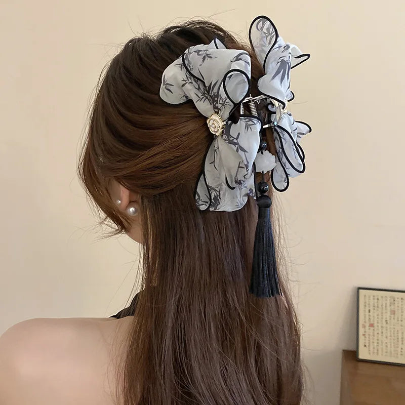 Neo Chinese Style Green Bow Butterfly Hair Claws Clips For Women Imitation Pearl Long Ribbon Tassel Grips Acrylic Shark Clip