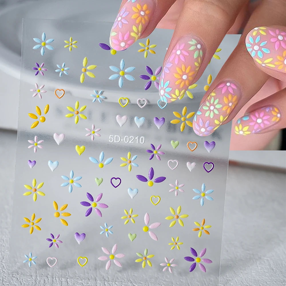 1PC 5D Macaron Flower/Fruit Nail Charms Sticker Embossed Bear/Rabbit/Letter Nails Slider Decals Summer Adhesive Manicure Decor&Y