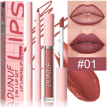 Matte Lip Gloss Lip Liner Set, 2pcs Waterproof Non-sticky Long-Lasting Lipstick, Nude Deep Red Mauve, Y2K Makeup Christmas Gift