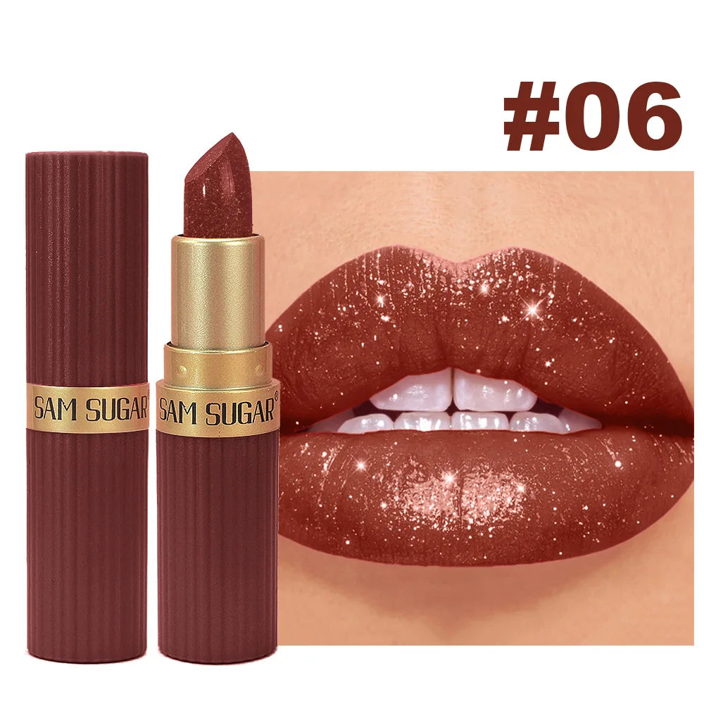 Diamond Chocolate Red Lipstick Pearlescent Glitter Velvet Lipstick Waterproof Shiny Metallic Matte Lip Gloss Non-fade Makeup
