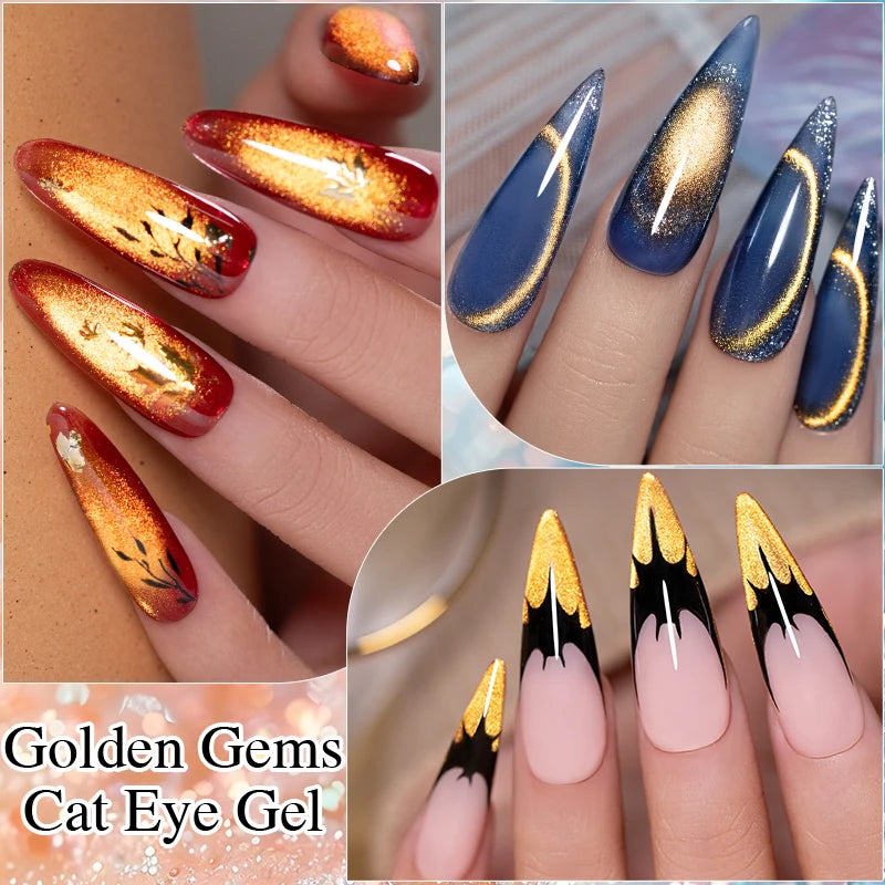 PUENTE 7.5ML Golden Gems Cat Magnetic Gel Nail Polish Pink Brown Blue Colors Golden Glitter Cat Eye Soak Off UV Nail Art Varnish