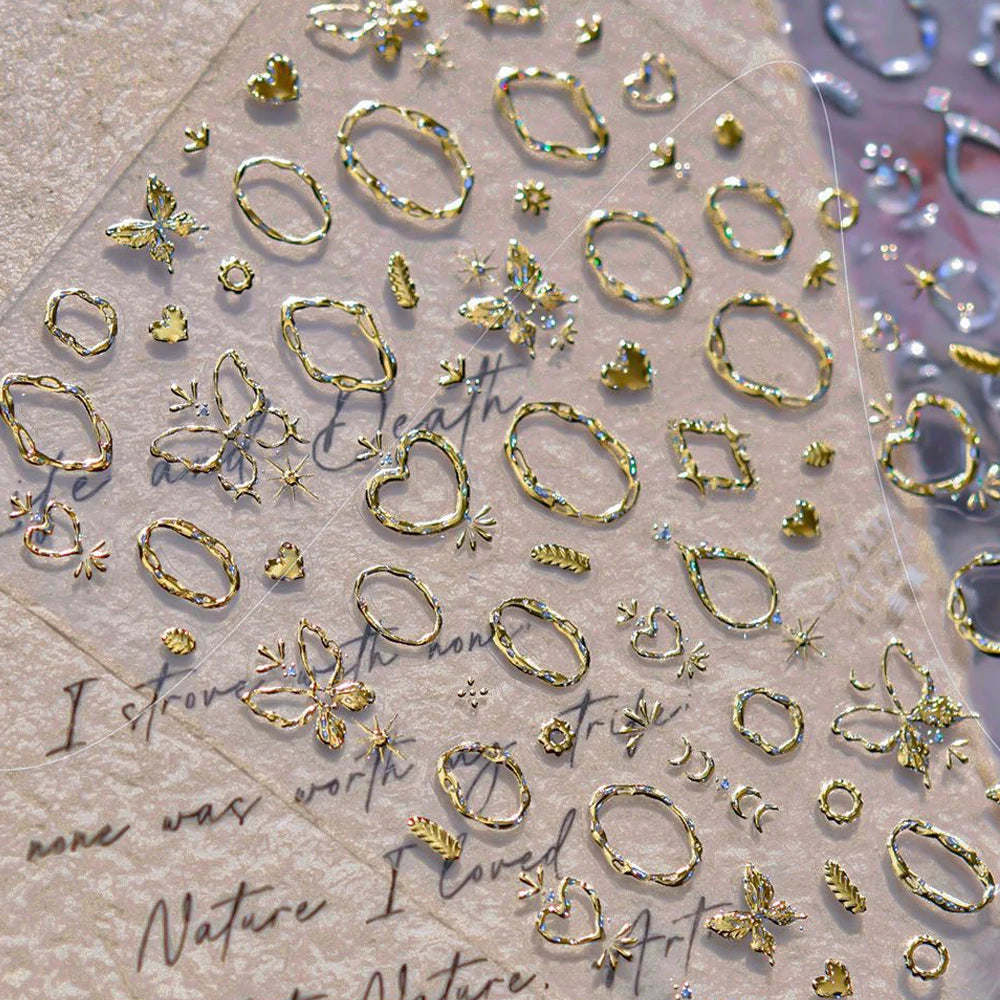 Elegant Gold Scepter 5D Nail Art Stickers Gorgeous Gemstone Luxury Courtly Pattern Necklace Frame Self Adhesive Manicure Decals