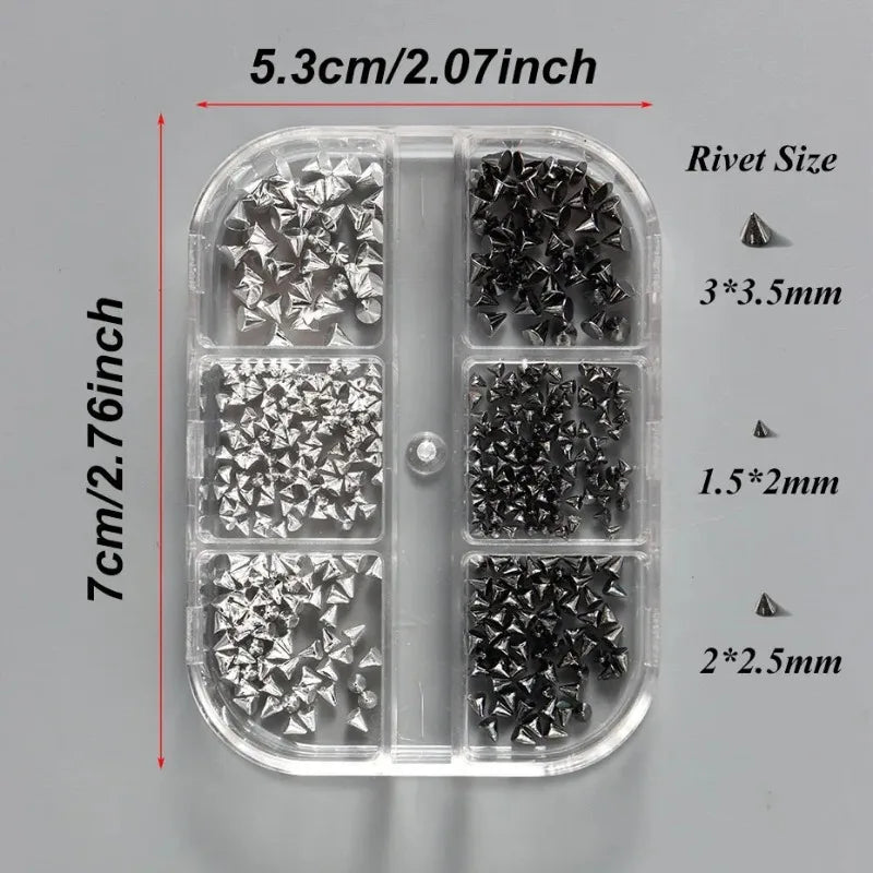 6 Grids Y2K Punk Metal Rivet Nail Charms Cone Mixed Sized Black Silver Gold Nail Art Studs 3D Stylish Alloy Spike Nails tool