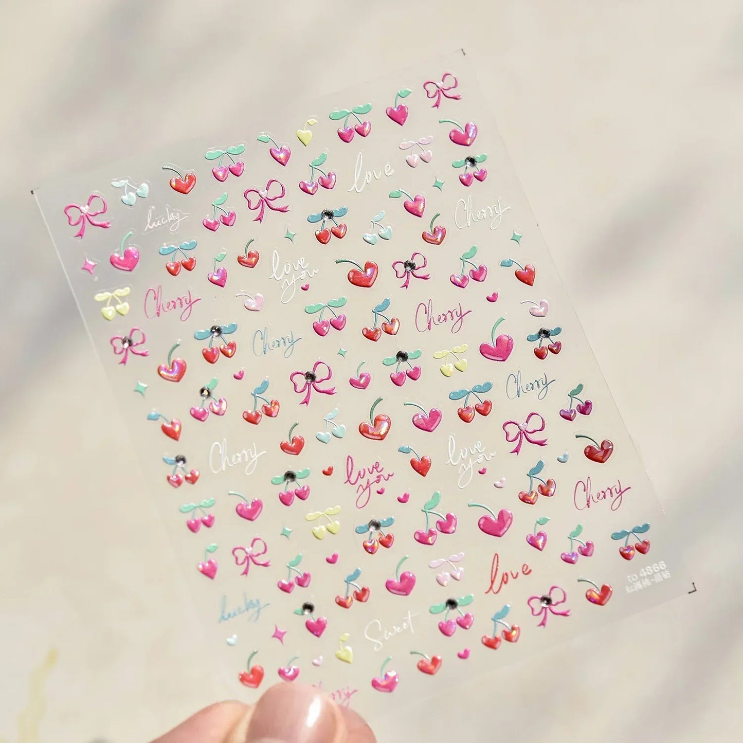 Pink Pudding Cherry Bowknot Heart shaped Star Claw Print Sweet Self Adhesive 5D Nail Art Decoration Sticker Manicure Decal DIY