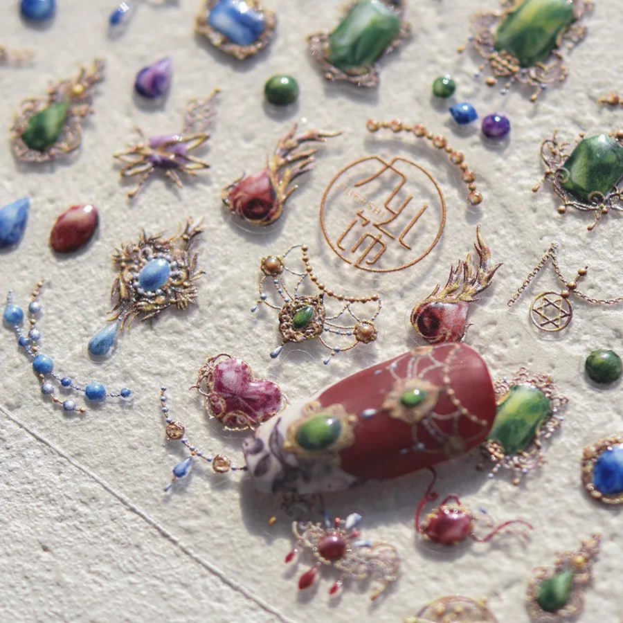 Elegant Gold Scepter 5D Nail Art Stickers Gorgeous Gemstone Luxury Courtly Pattern Necklace Frame Self Adhesive Manicure Decals