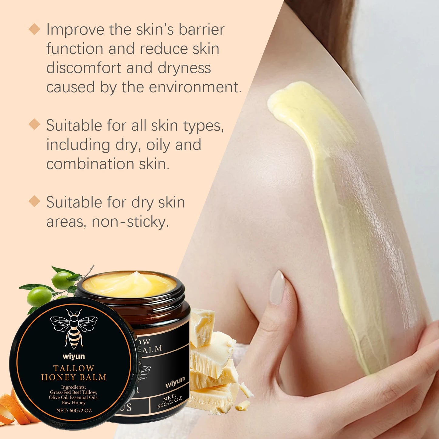 Beef Tallow Honey Moisturizer Grass Fed Whipped Tallow Face Cream Body Lotion Non Greasy Nourishing Fast Absorption Skin Care