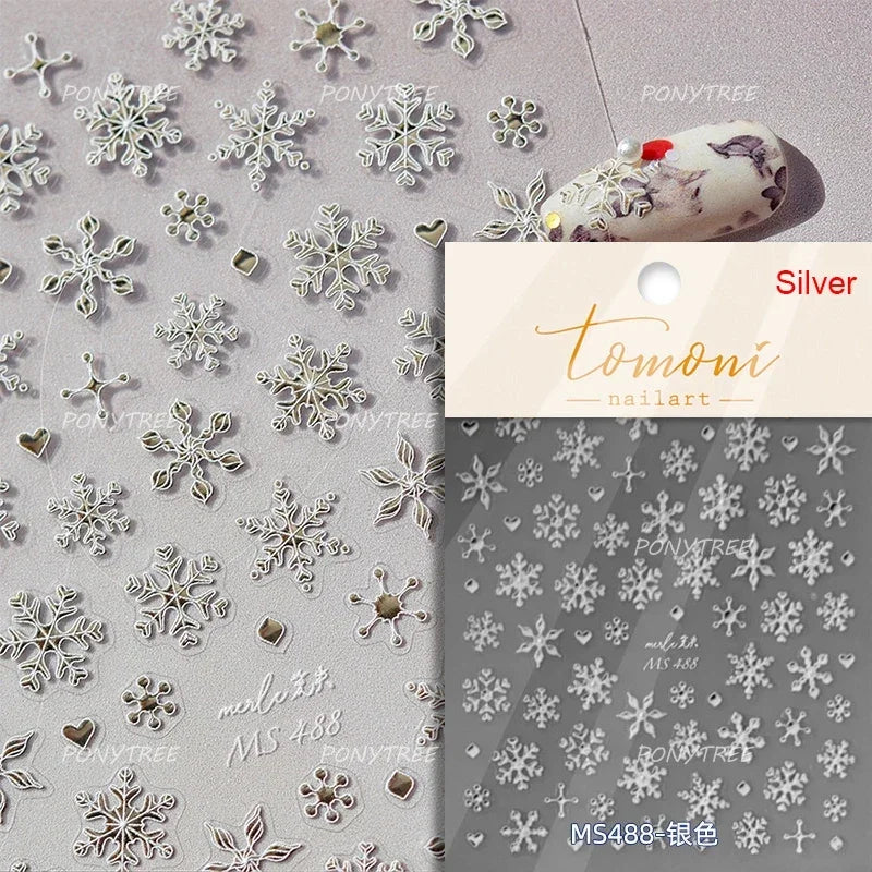 Flying Snowflakes Cold Winter Geometric Hexagon Star Romantic Adhesive Nail Art Stickers Embossment Rhinestone Manicure Decals