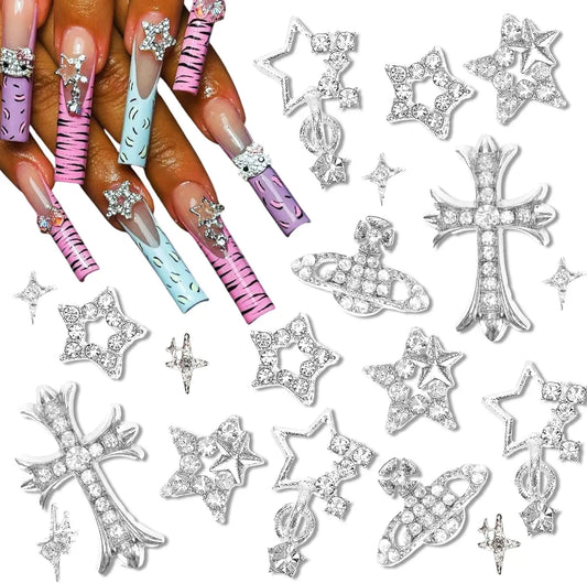 42PCS 3D Star Nail Charms and Gems Silver Rhinestones for Nails Y2K Nail Jewels for Nail Art