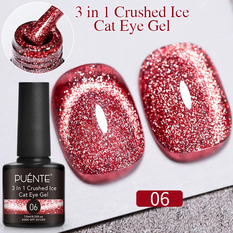 PUENTE 7.5ML Golden Gems Cat Magnetic Gel Nail Polish Pink Brown Blue Colors Golden Glitter Cat Eye Soak Off UV Nail Art Varnish
