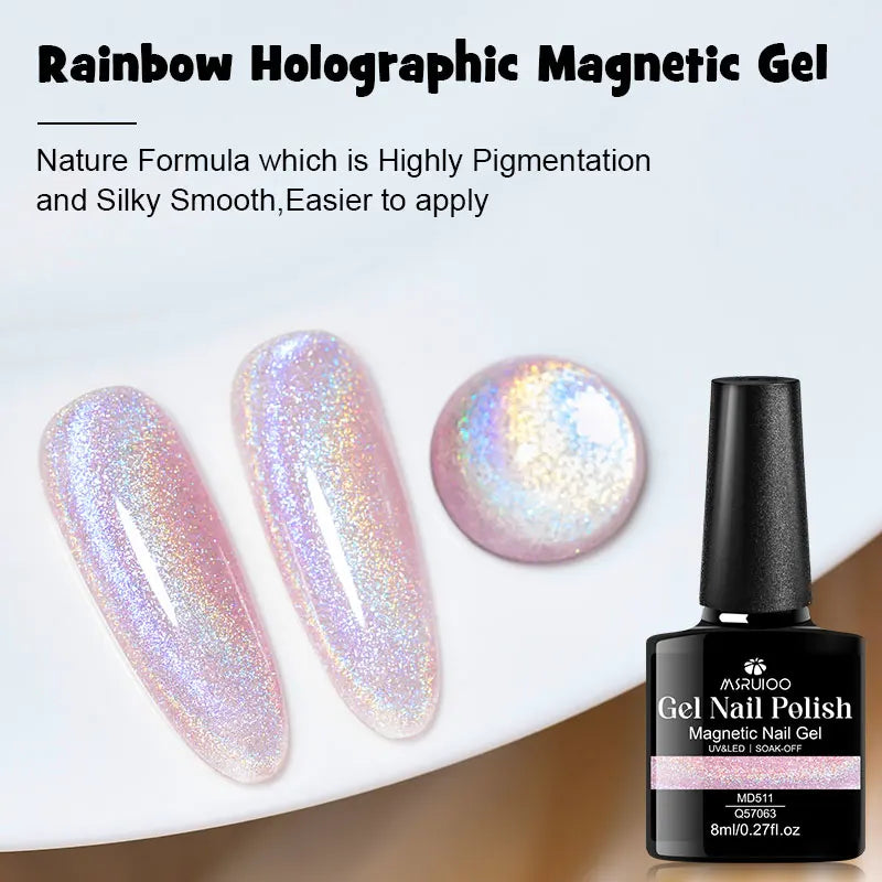 Rainbow Holographic Cat Magnetic Gel Nail Polish Laser Glitter Magnetic Semi Permanent Soak Off UV Gel Varnish Nail Supplies DIY