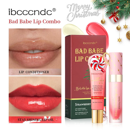 Lip Combo 2pcs Strawberry Moisturizing Lip Gloss&Lip Oil Nourishing Liquid Balm Christmas Makeup Gift Set for Women Lip Gloss