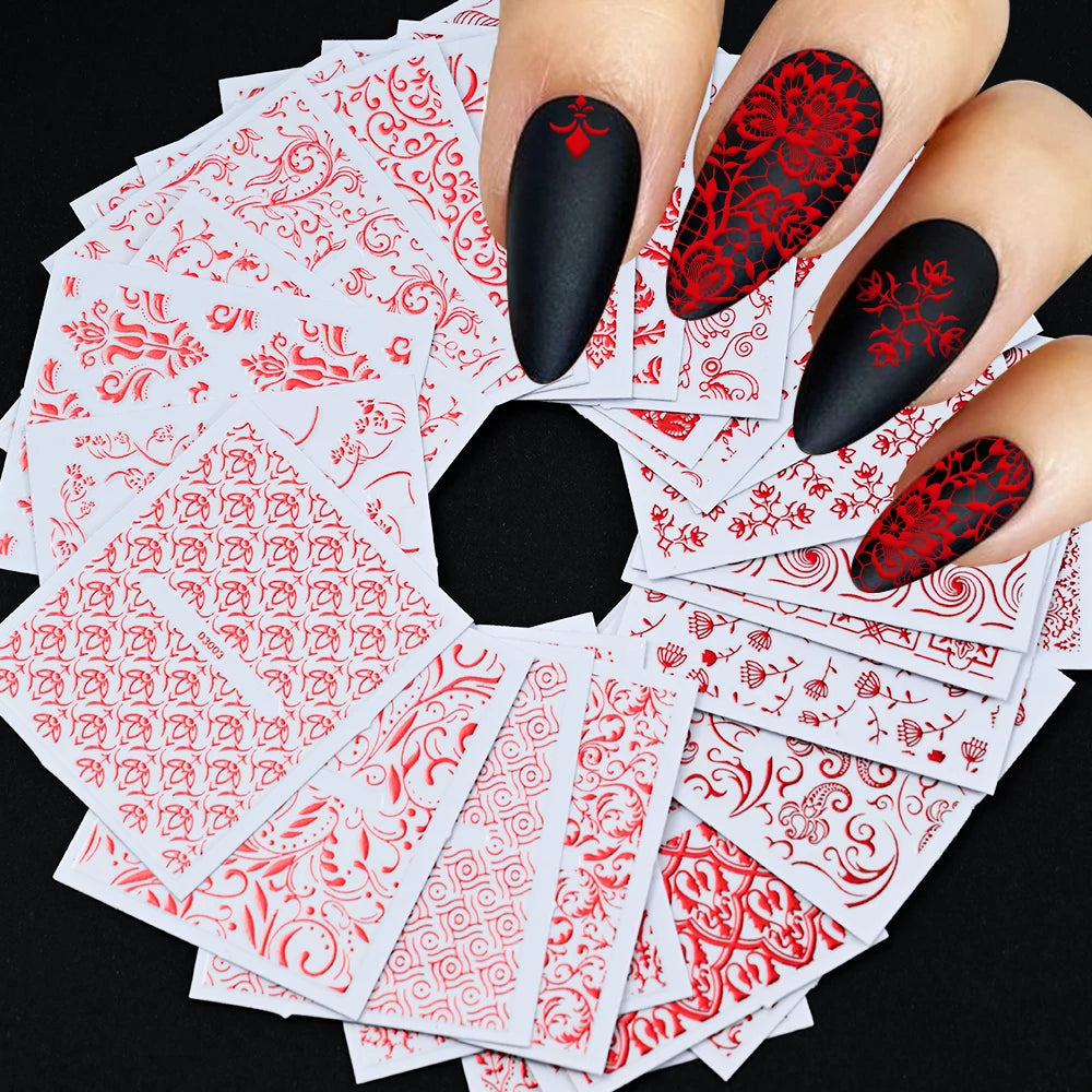 30pcs 5D Embossed Rose Golden Lace Floral Nail Stickers Retro Vine Flower Nail Decals 5.5*6.5cm Irregular Geometric Nail Sliders