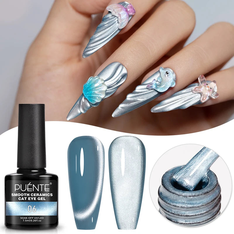 PUENTE 7.5ML Golden Gems Cat Magnetic Gel Nail Polish Pink Brown Blue Colors Golden Glitter Cat Eye Soak Off UV Nail Art Varnish