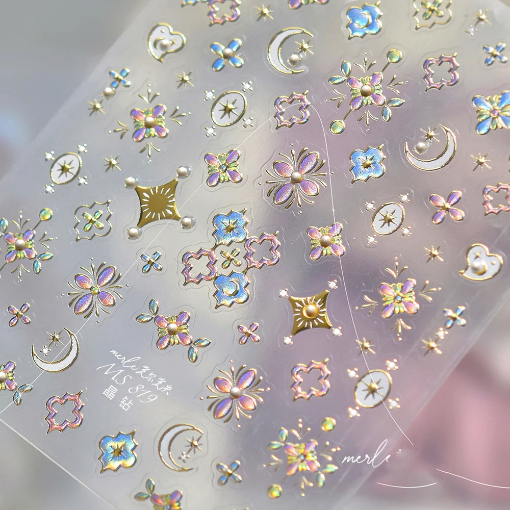 Elegant Gold Scepter 5D Nail Art Stickers Gorgeous Gemstone Luxury Courtly Pattern Necklace Frame Self Adhesive Manicure Decals