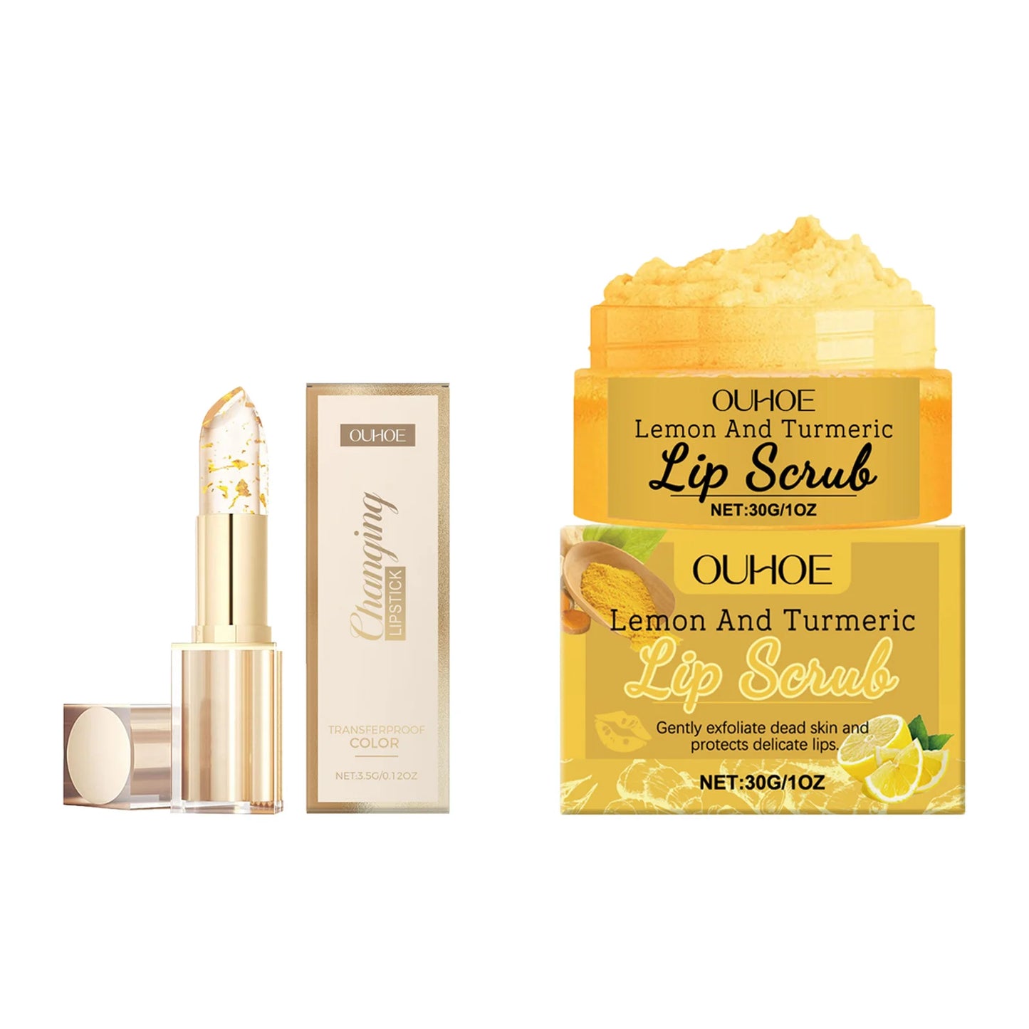 Lip Care Set Gold Foil Color Changing Lipstick PH Clear Turmeric Lemon Lip Scrub Exfoliating Moisturizing Nourishing Lip Kit