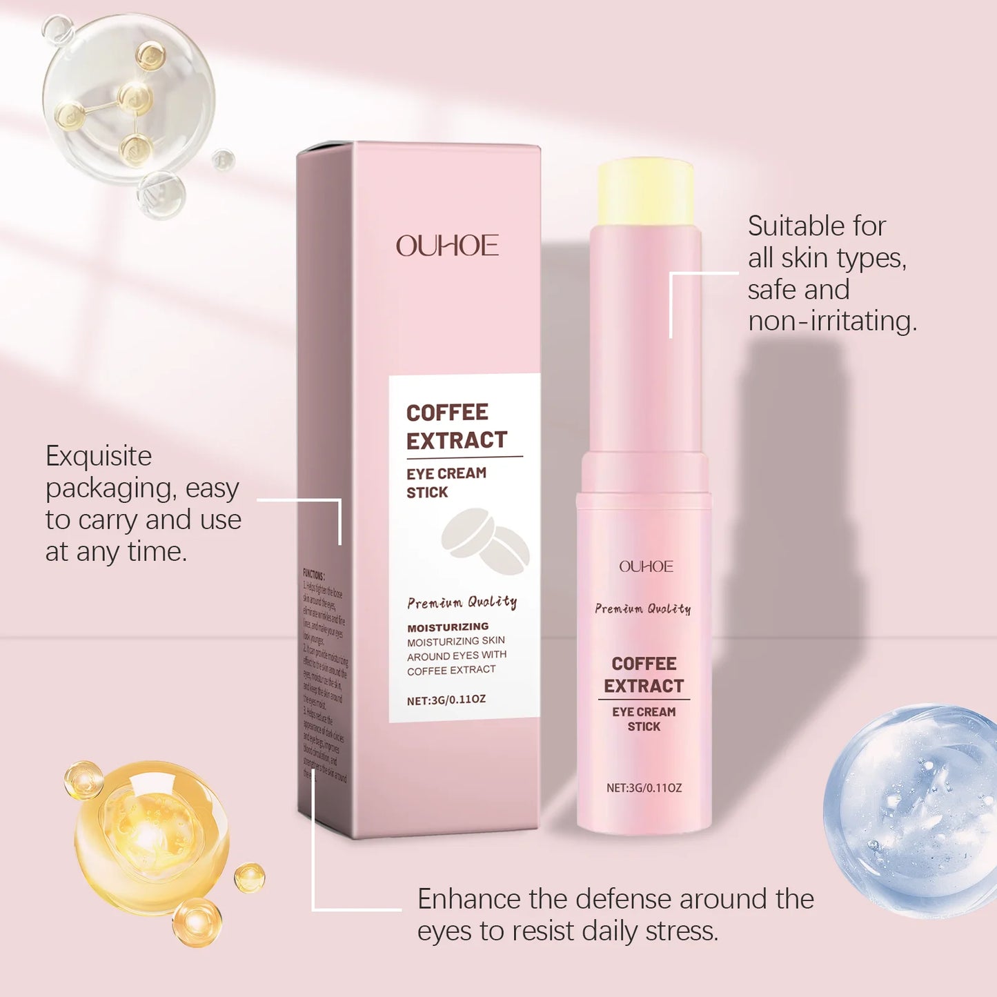 OUHOE Eye Cream Stick, Hyaluronic Acid, Tocopherol, Glycerin, Eye Area, Tightening and Moisturizing, 3.00g