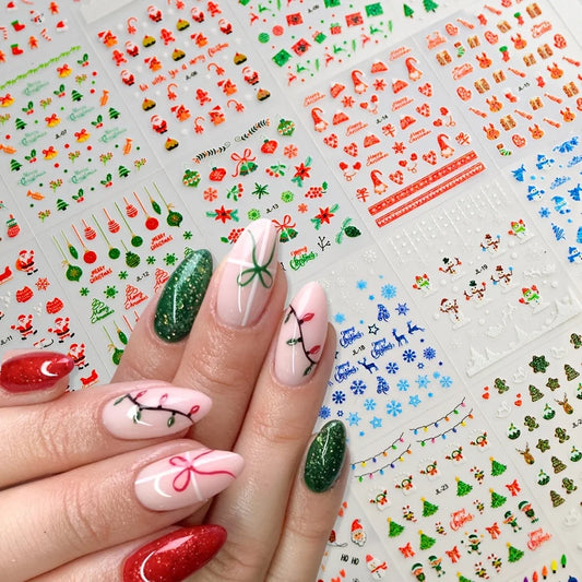 30pcs Festive Christmas Nail Art Stickers Set Self-Adhesive,Disposable Decals Reindeer Xmas Tree Designs Cute Semi-Matte Finish
