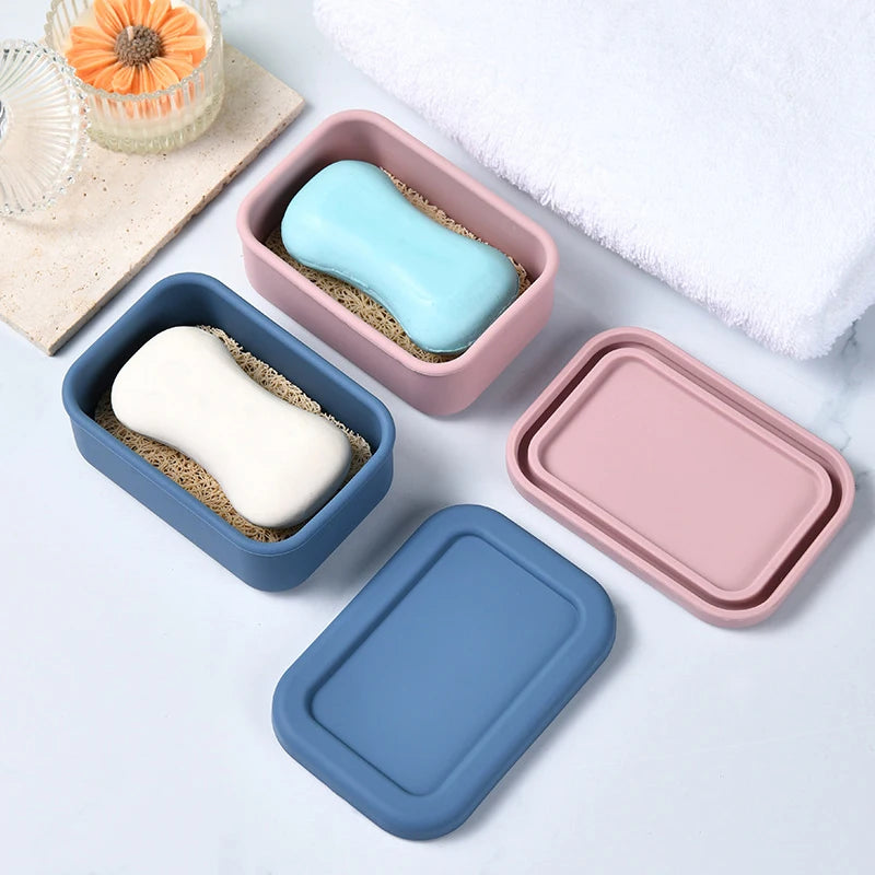 Portable Square Travel Soap Box with Lid Silicone Drain Soap Dish High Quality Self Draining Storage Box Outdoor Travel