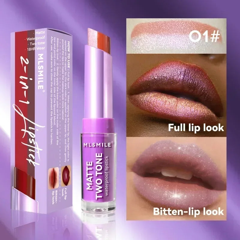 2 in 1 Matte Two Tone Waterproof Lipstick Long-lasting High-Pigment Color Lipliner Lipsticks Bitten-lip Gradual Change Lip Color