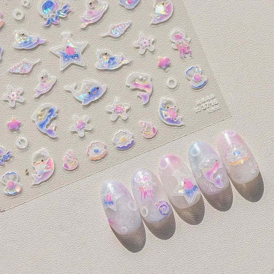 Magical Blow Bubbles Goldfish Bunny Rabbit Cat Kitten Shape Shiny Dreamy Bubbles 5D Nail Art Decorations Sticker Manicure Decal