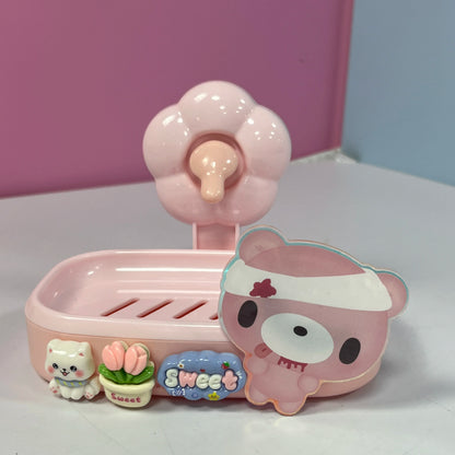 Cute Cartoon Bear Cat Tulip Adhesive Soap Box No Drill Glue Mount Drain Soap Holder Bathroom Wall Soap Dish