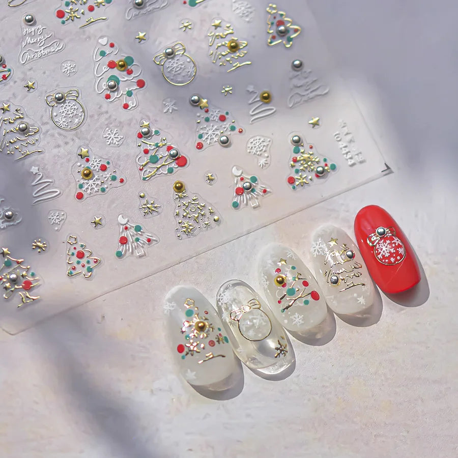 Christmas Nail Stickers Luxury Crystal Diamond Cartoon Bear Tree Apple Back Glue Nail Art Stickers DIY New 3D Nails Decorations