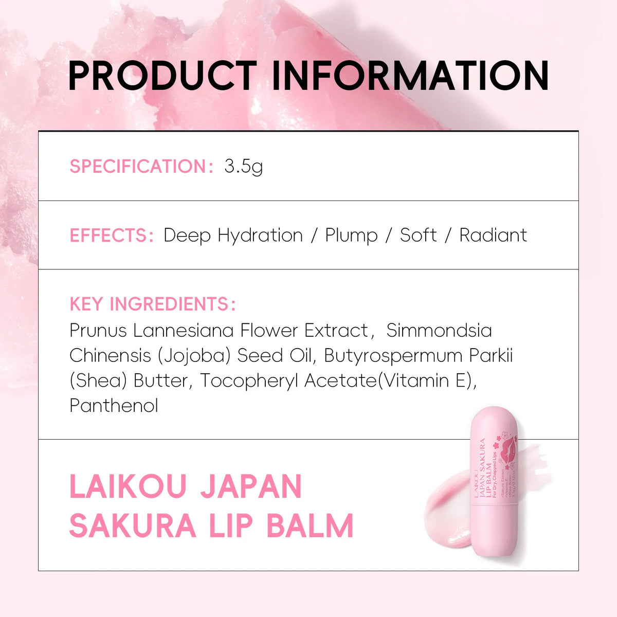 LAIKOU Sakura Lip Balm Nourishing Refreshing Hydrating and Lasting Moisturizing Preventing Cracking Repairing for Daily Lip Care