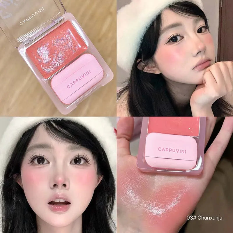 Orange Pink Blusher Plate with Puff Water Gloss Blush Cream Makeup Lasting Moisturizing Cheek Tint Rouge Portable Blush Cosmetic