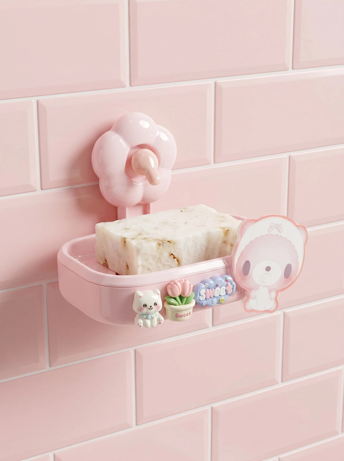 Cute Cartoon Bear Cat Tulip Adhesive Soap Box No Drill Glue Mount Drain Soap Holder Bathroom Wall Soap Dish