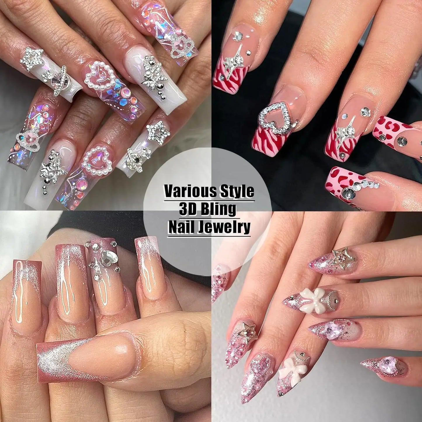 40PCS Pink Nail Charms 3D Heart Charms Valentine's Day Silver Starlight Nail Decorations Shiny Nail Gems Rhinestone Multi Style