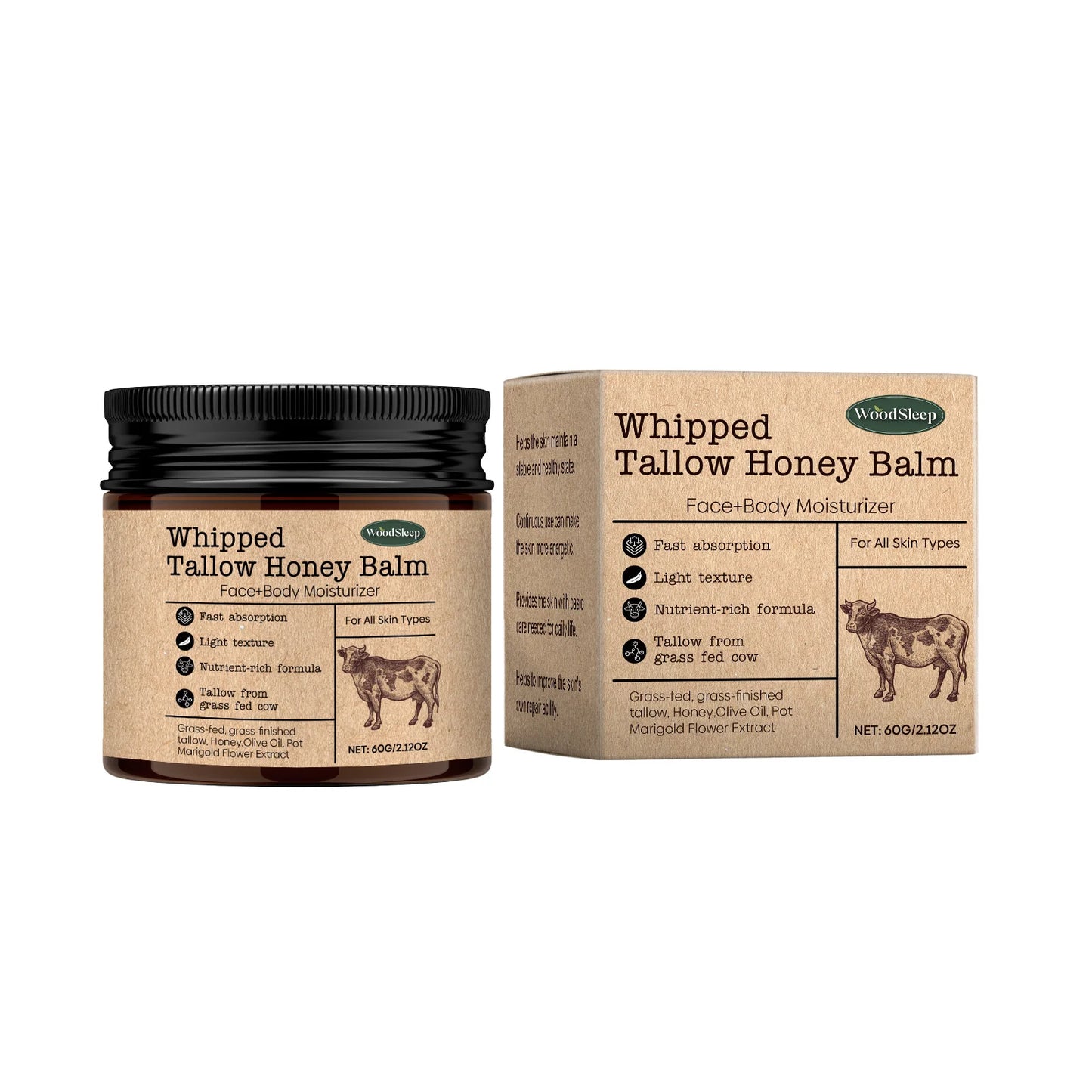 WoodSleep Beef Tallow Paste Deeply Moisturizer Brightening Wrinkle Remover Grass Fed Tallow Wild Honey Face Body Cream Skin Car