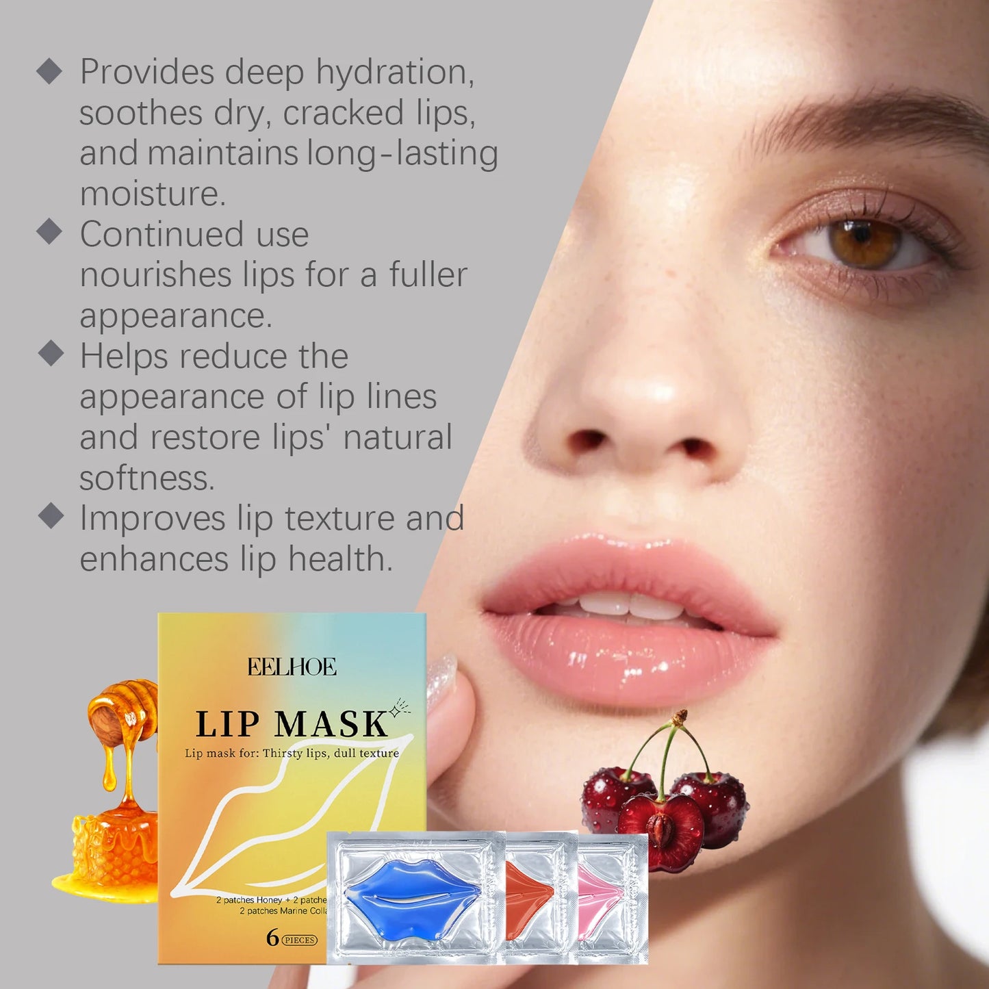 Collagen/Honey/Cherry Lip Mask Gel Patches Hydrating & Plumping Lip Treatment for Dry Lip Repair Fine Lines Clear Lip Care Patch