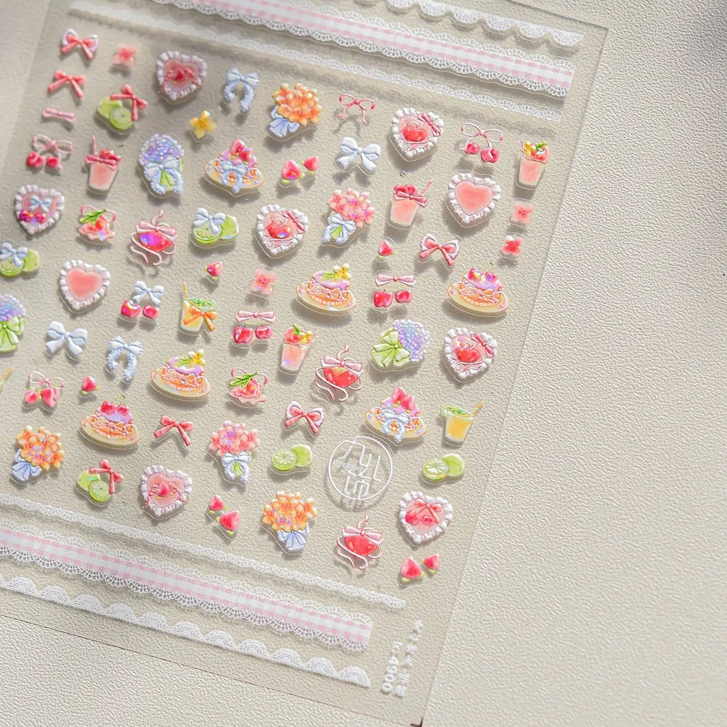 Pink Pudding Cherry Bowknot Heart shaped Star Claw Print Sweet Self Adhesive 5D Nail Art Decoration Sticker Manicure Decal DIY