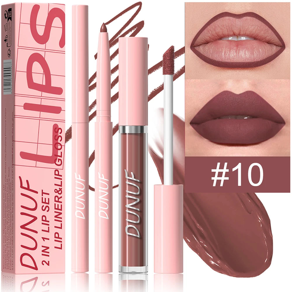 Matte Lip Gloss Lip Liner Set, 2pcs Waterproof Non-sticky Long-Lasting Lipstick, Nude Deep Red Mauve, Y2K Makeup Christmas Gift