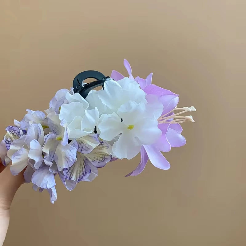 New Chinese Style Kniting Butterfly Hair Claws Women's Purple Long Flower Tassel Shark Grab Clips Vintage Hanfu Headpiece W
