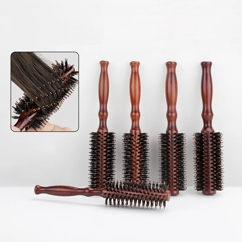 6 Style Wood Handle Round Rolling Brush Straight Twill Hair Comb Boar Bristle Round Barrel Hair Curling Brush Hairdressing Tool