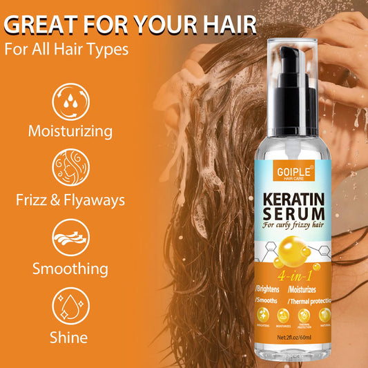 GOIPLE 4 in 1 Water-Based Keratin Serum Moisturizer Repair Dry Damaged Hair Smooth Control Frizz Oil Essence for Curly Frizzy