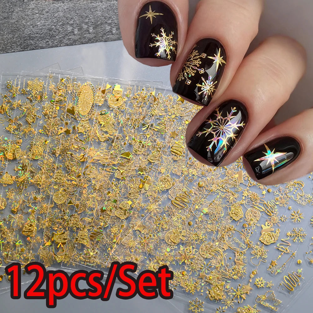 12sheets Laser Sliver Snowflakes/snowballs 3D Christmas Nail Art Decals Dreame Laser Santa Claus Snowman Nail Stickers Charms﻿