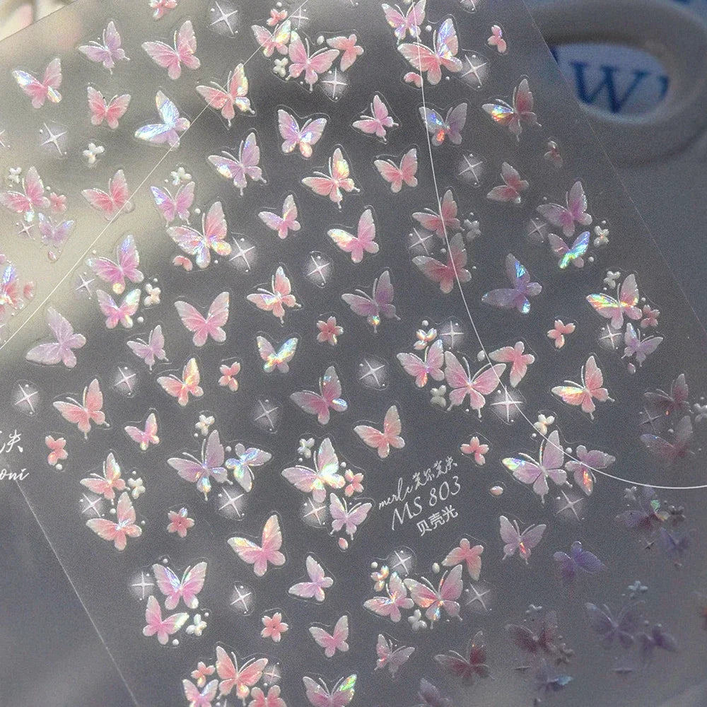 Shiny Jelly Butterfly Charming Golden Gradient Bowknot 5D Self Adhesive Nail Art Sticker Flower Petal Rhinestone Manicure Decals