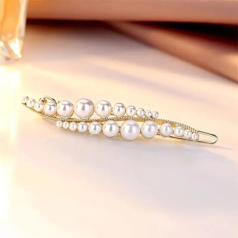 2pcs Elegant Leaf Design Hair Clips – Faux Pearl & Rhinestone Barrettes, Golden-Tone Alloy Hair Accessories for Women,