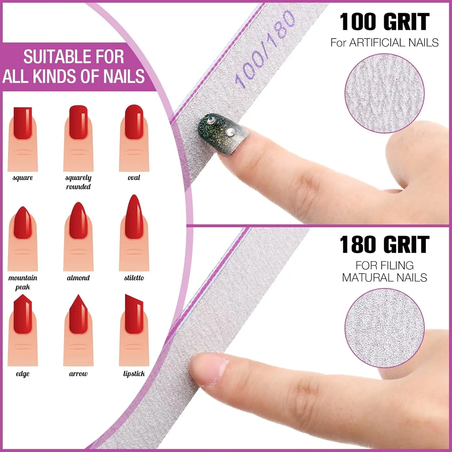 50Pcs/Lot Grey Sandpaper Nail File 100/180 Double Sided Buffer Block Polisher Pedicure Manicure Nail Art Files Nails Accesorios