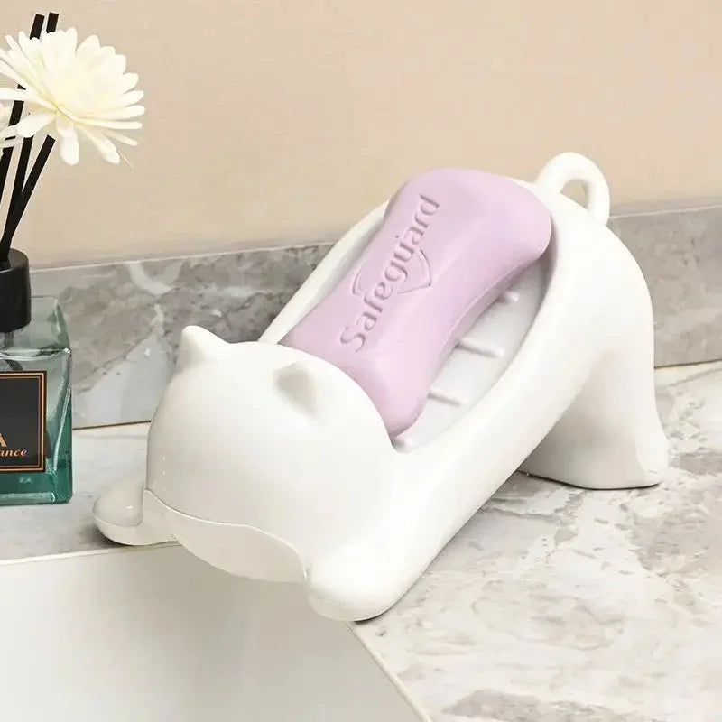 Decorative Plastic Soap Holder with Drainage, Cute Cartoon Cat Soap Dish for Bathroom, Ideal Storage for Soap and Sponges