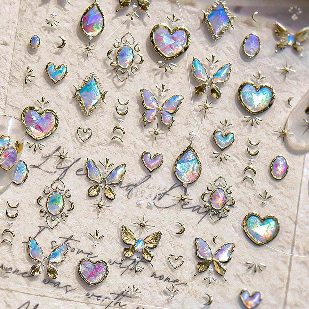 Elegant Gold Scepter 5D Nail Art Stickers Gorgeous Gemstone Luxury Courtly Pattern Necklace Frame Self Adhesive Manicure Decals