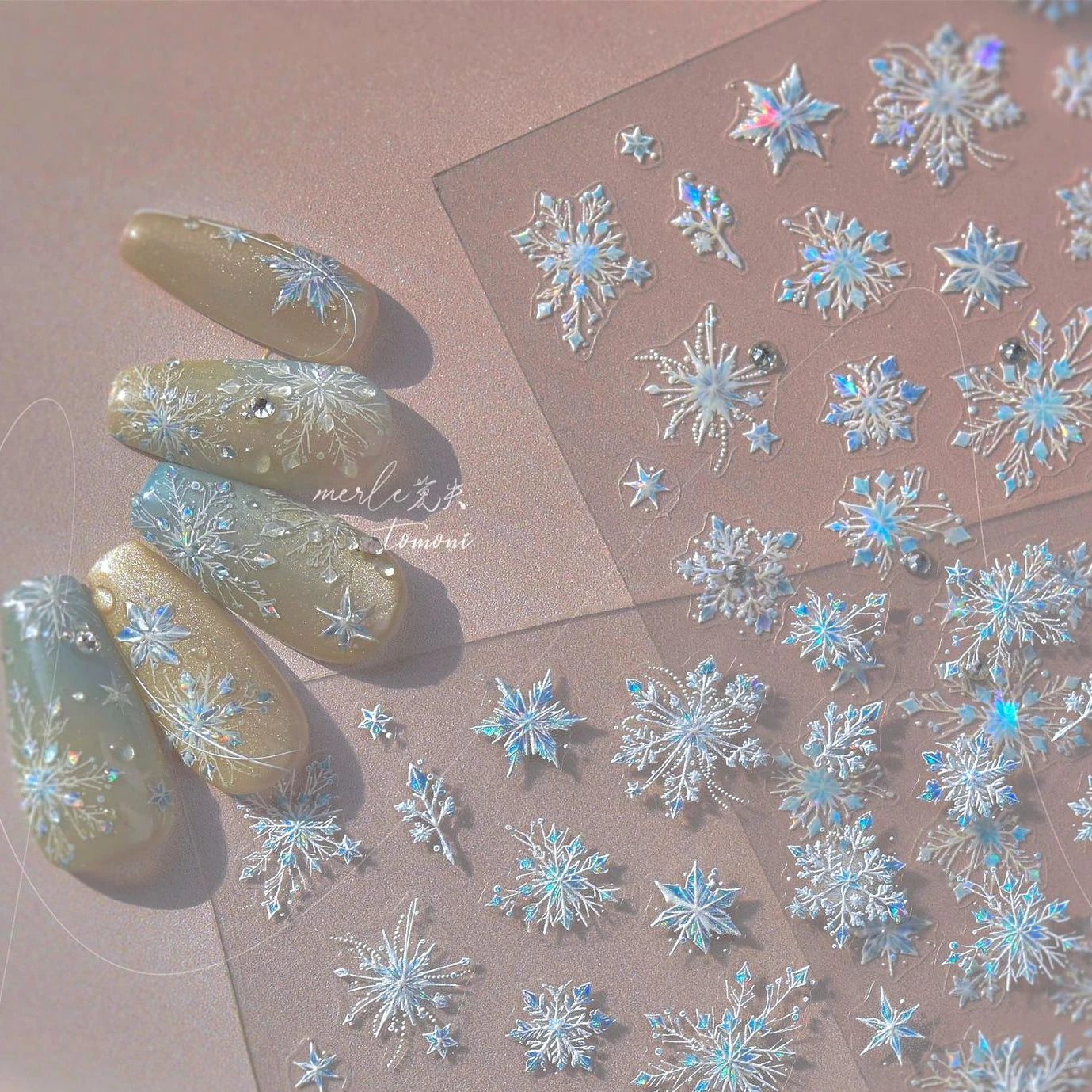 Flying Snowflakes Cold Winter Geometric Hexagon Star Romantic Adhesive Nail Art Stickers Embossment Rhinestone Manicure Decals
