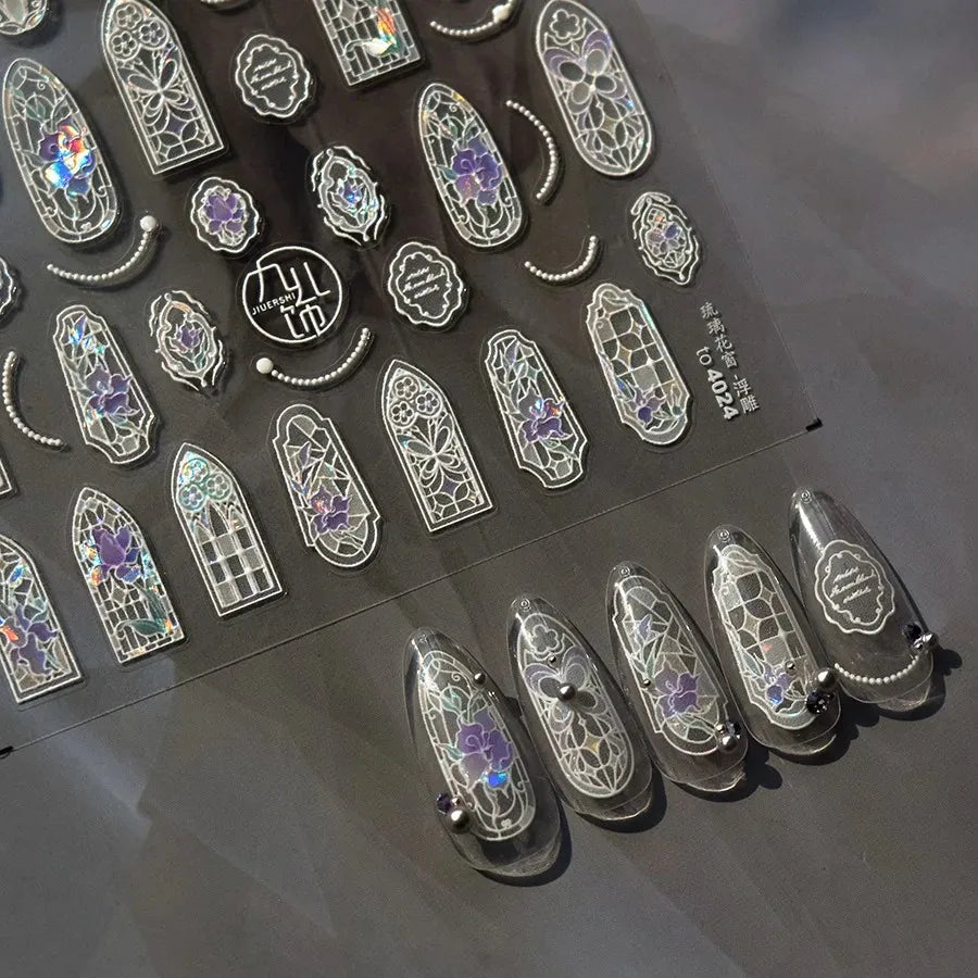 1piece 5D glass fragment nail sticker high quality stained glass window grille design glitter art decoration design nail sticker