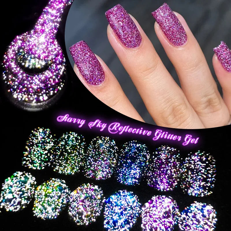 7ml MEET ACROSS Champagne Rainbow Reflective Glitter Gel Nail Polish Laser Sparkling Hybird Soak Off Nail Art UV LED Varnishes